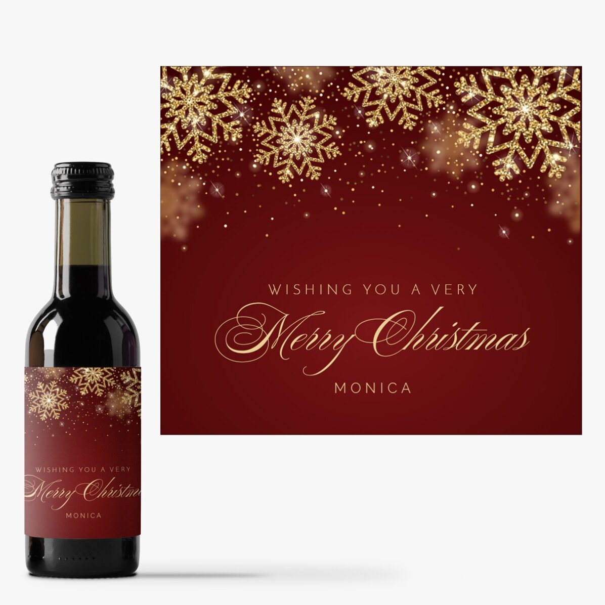 Mini sticluță de vin personalizată cu text - Golden snowflakes