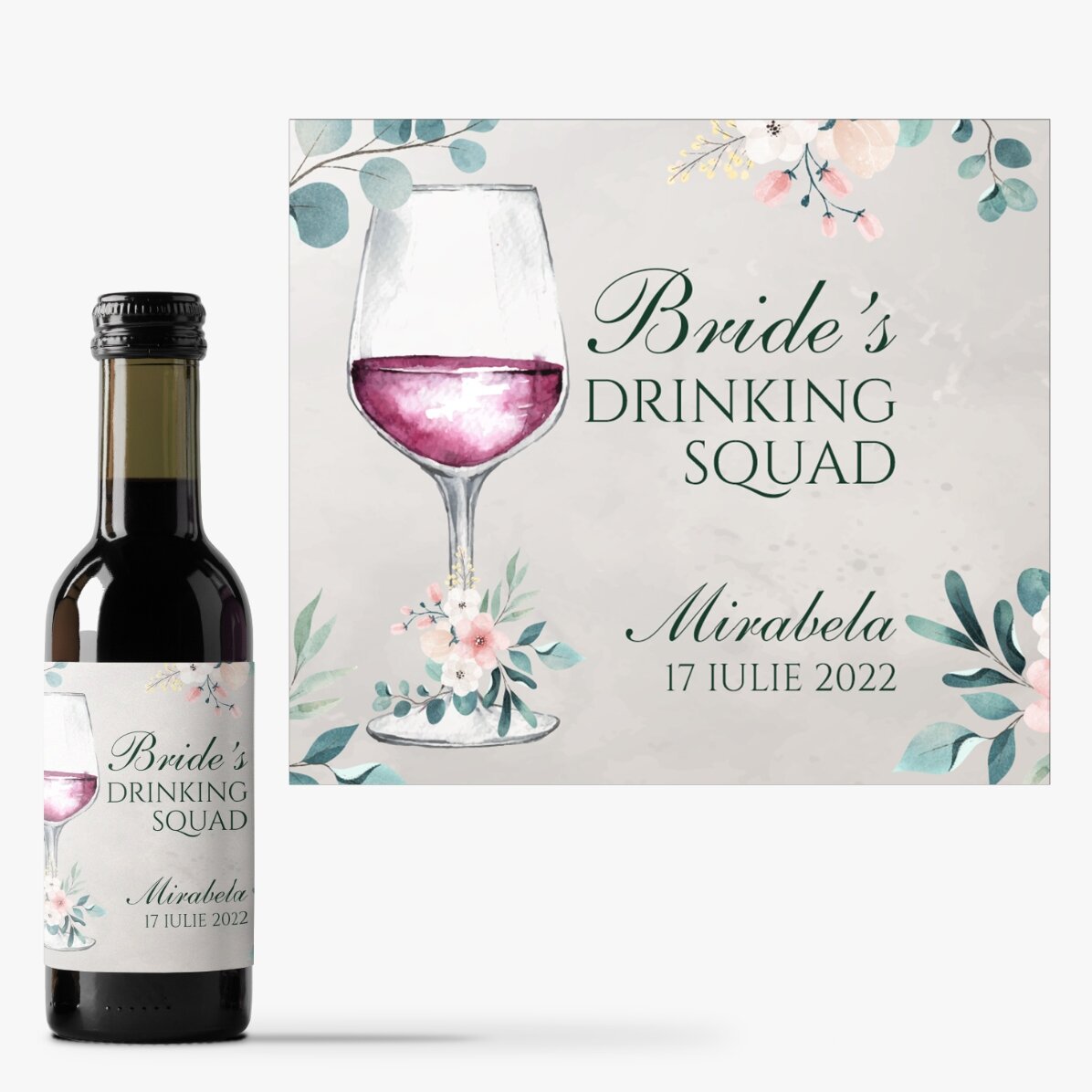 Mini sticluță de vin personalizată cu text pentru petrecera burlăcițelor