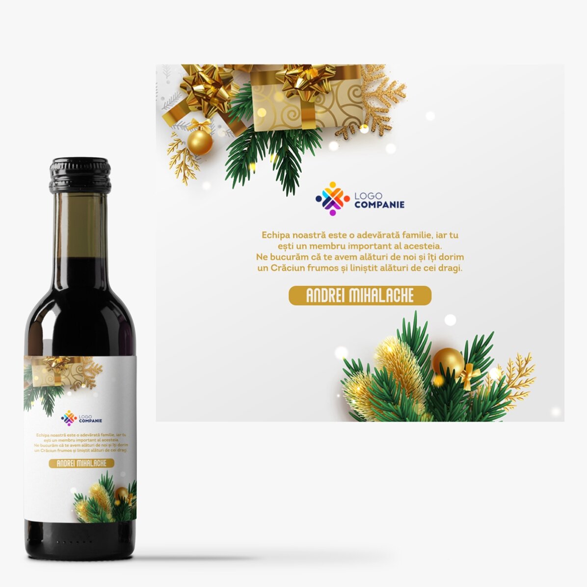 Mini sticluță de vin personalizată cu mesaj și logo - Poveste de sărbătoare