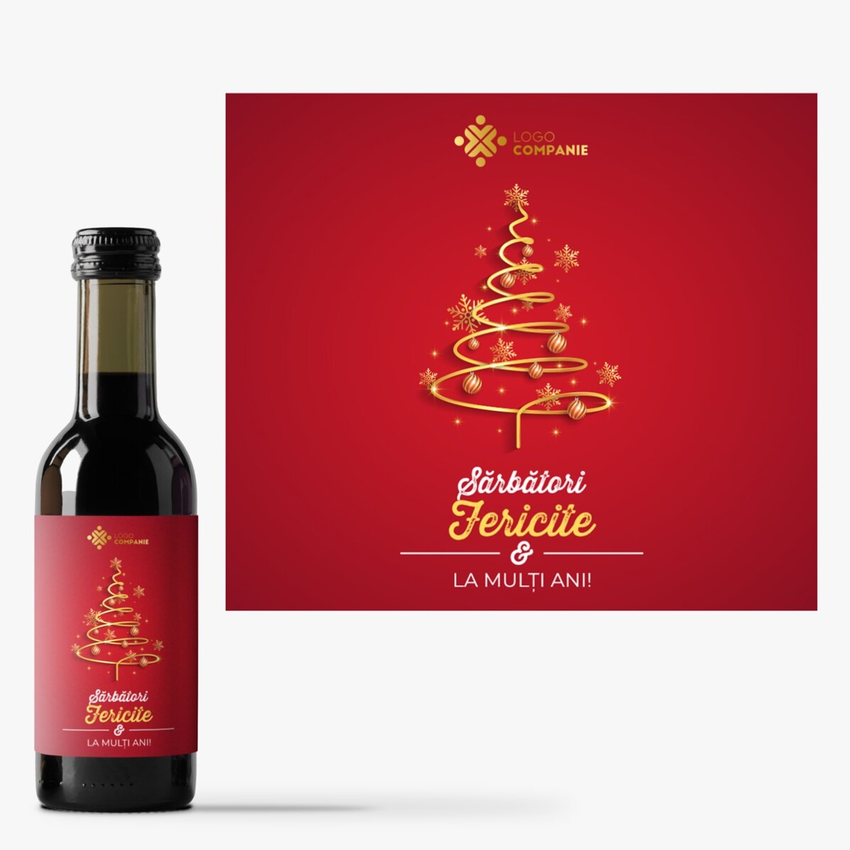 Mini sticluță de vin personalizată cu text și logo - Sărbători fericite