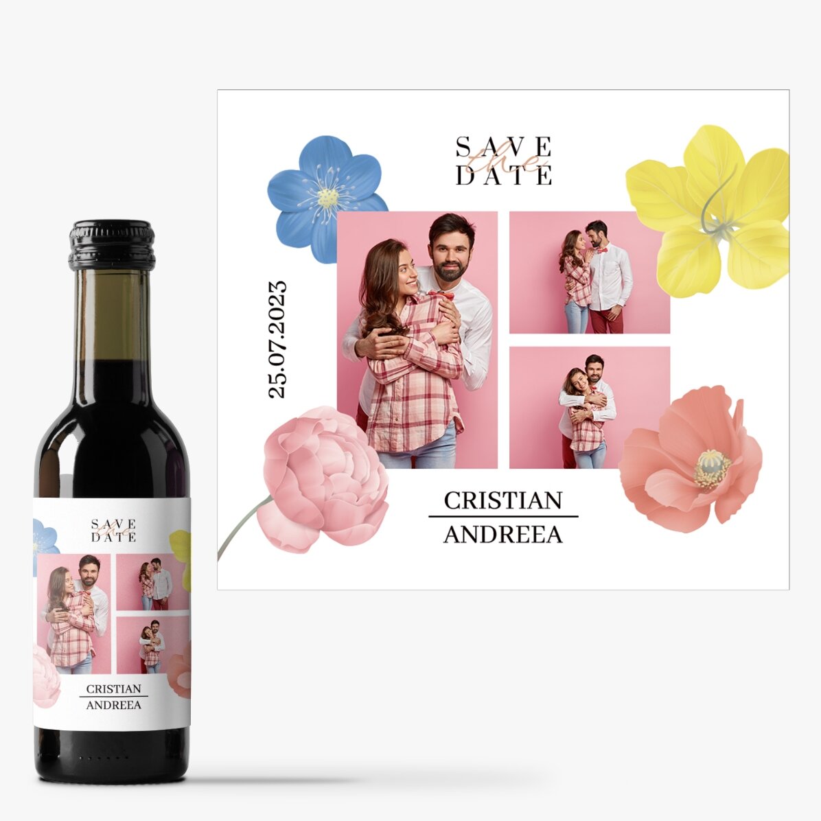 Mini sticluță de vin personalizată cu 3 poze și text - Save the date