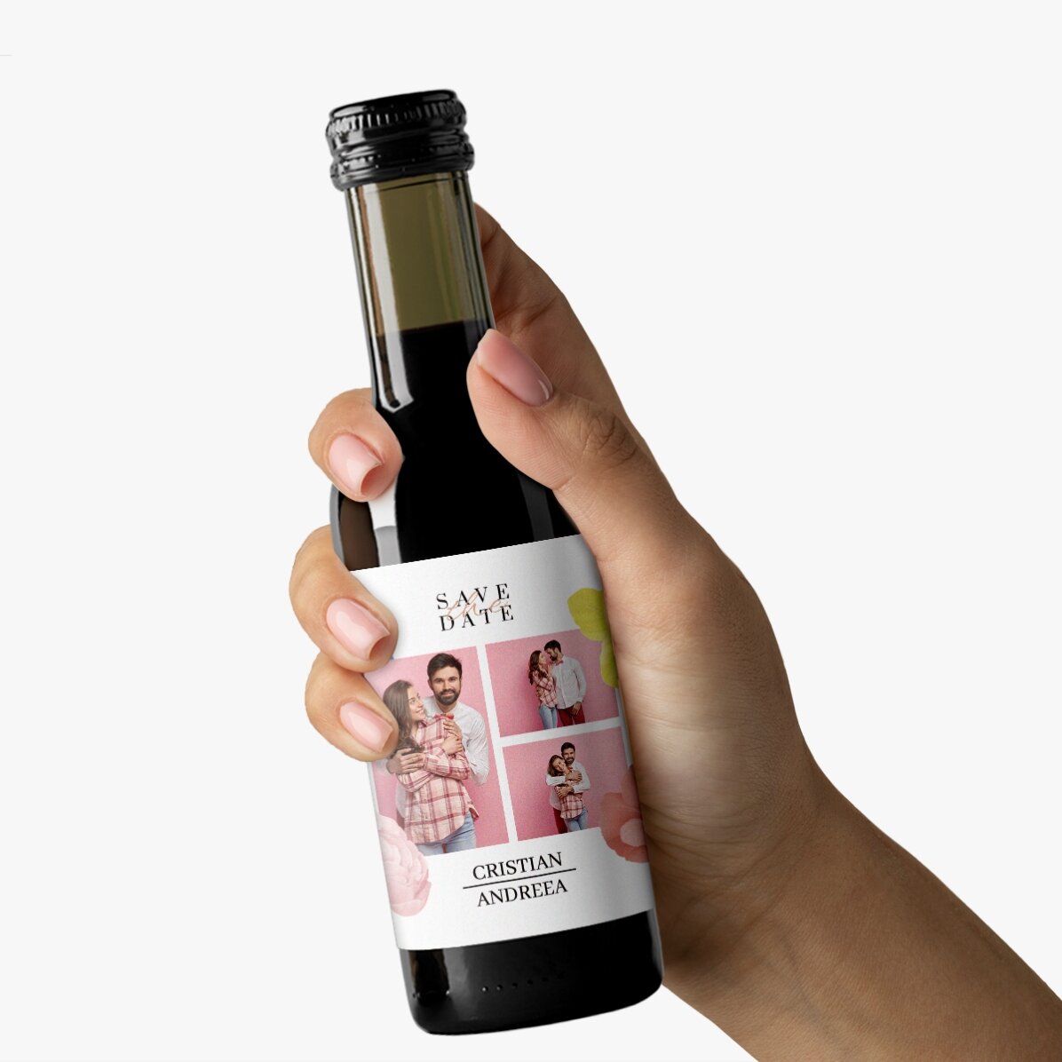 Mini sticluță de vin personalizată cu 3 poze și text - Save the date