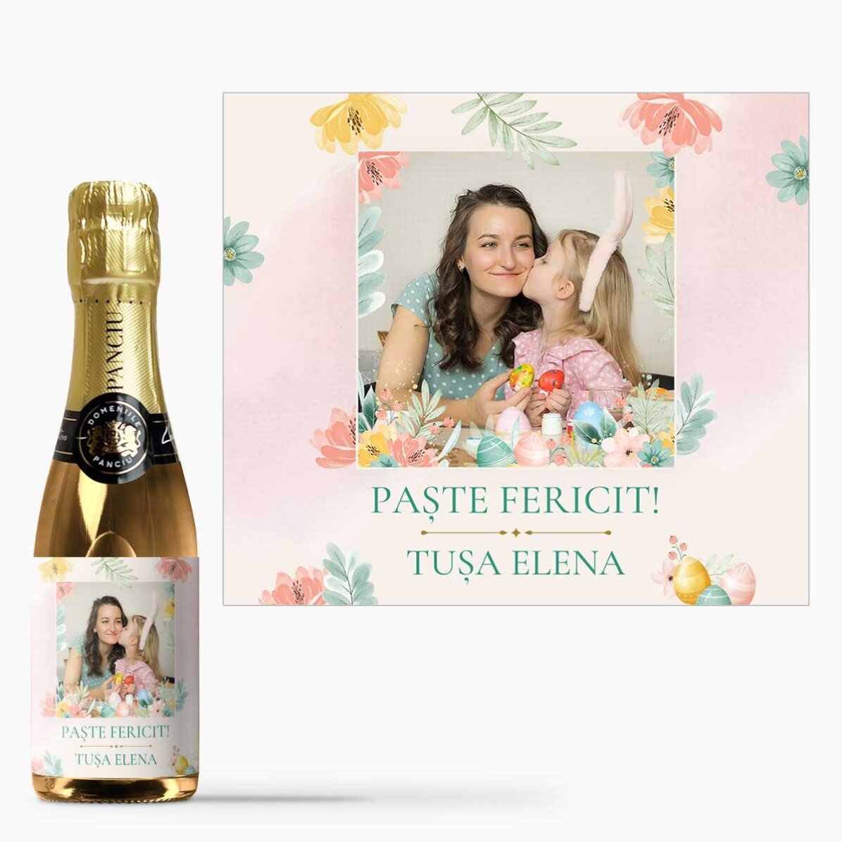 Mini sticluță de vin spumant personalizată o poză și text - Paște fericit