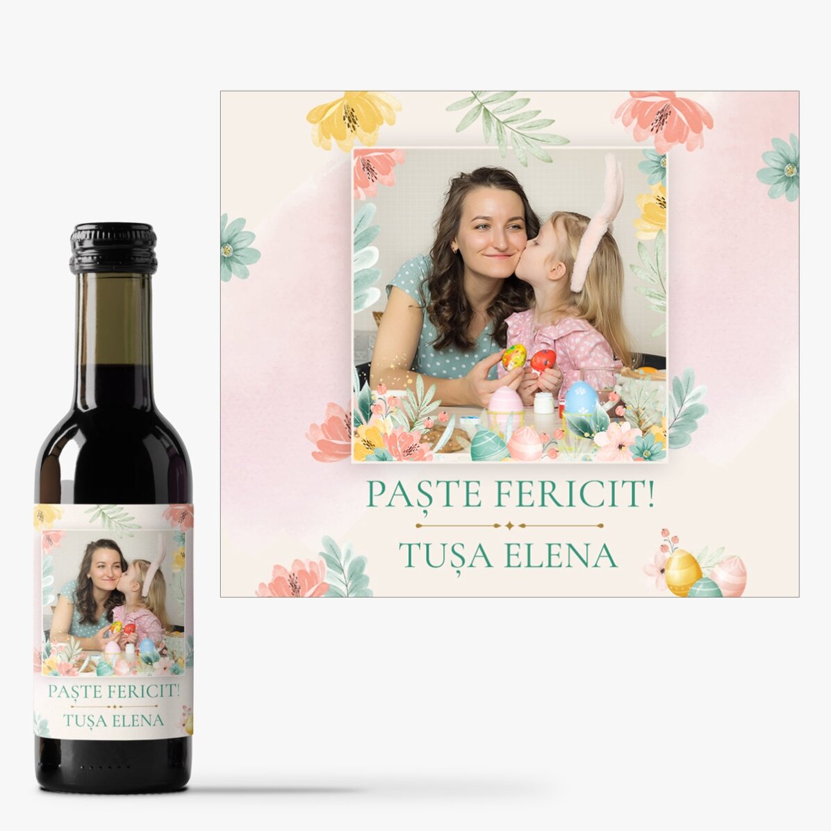 Mini sticluță de vin personalizată o poză și text - Paște fericit