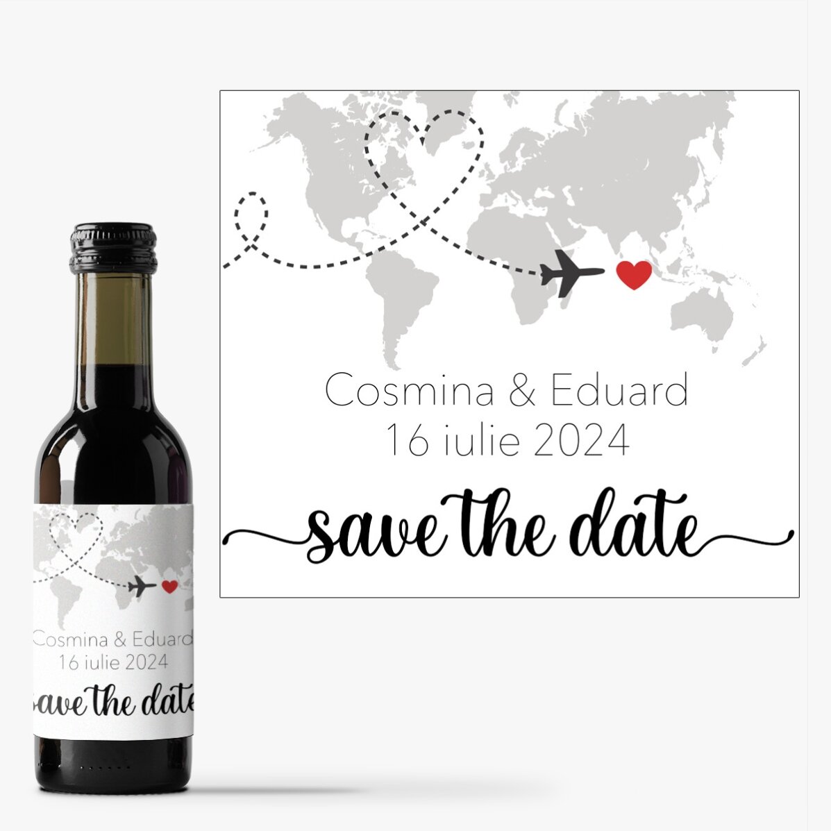 Mini sticluță de vin personalizată save the date - Plane