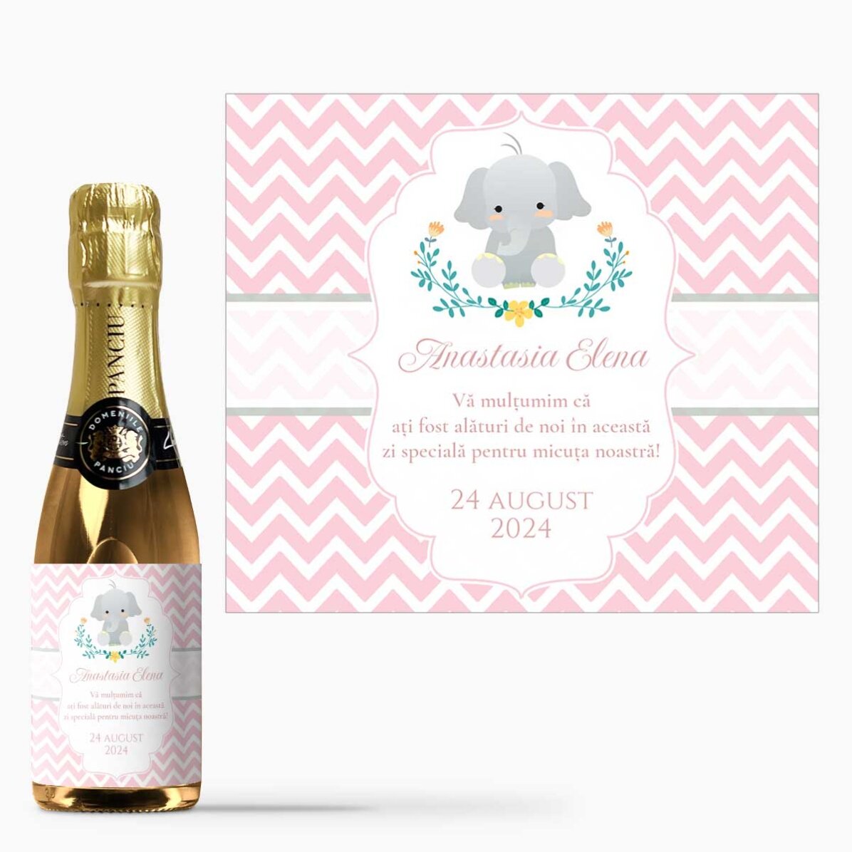 Mini sticluță de vin spumant mărturie de botez personalizată cu text - Elefant