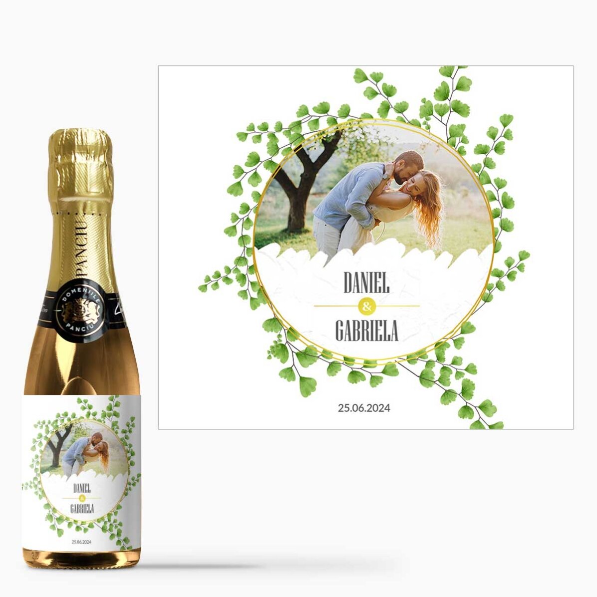 Mini sticluță de vin spumant mărturie personalizată cu o poză și numele voastre