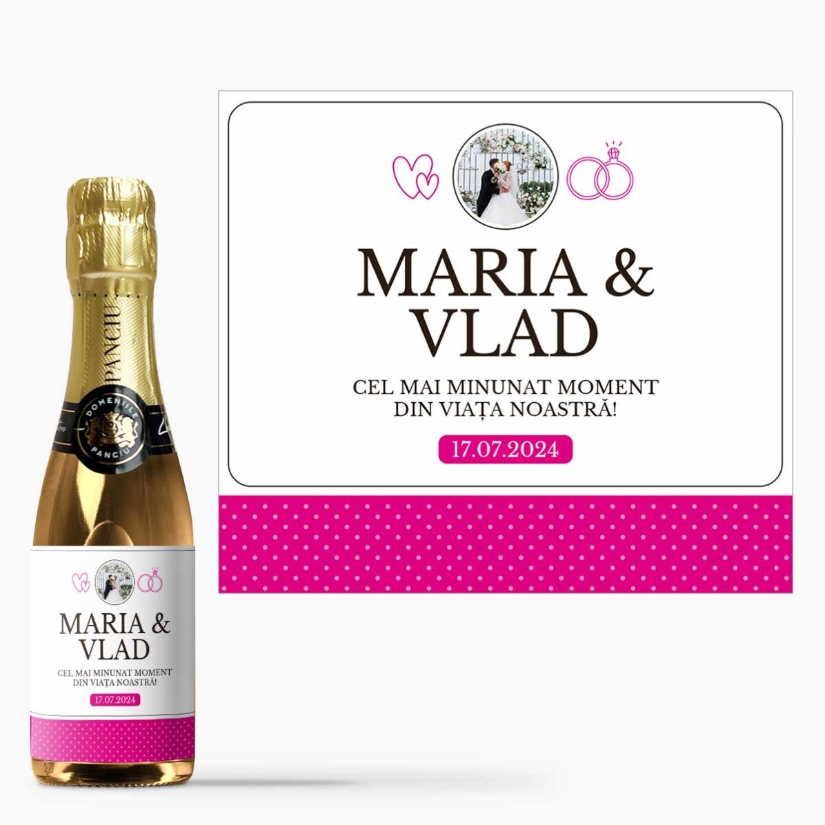 Mini sticluță de vin spumant mărturie personalizată cu o poză și text de nuntă