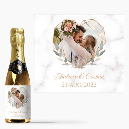 Mini sticluță de vin spumant mărturie personalizată cu o poză și text - Inimă