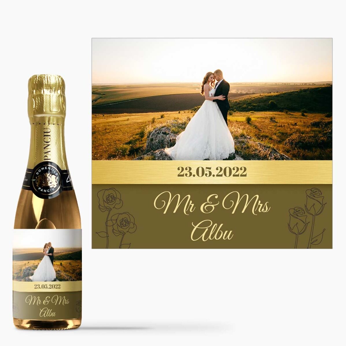 Mini sticluță de vin spumant mărturie personalizată cu o poză și text - Mr & Mrs