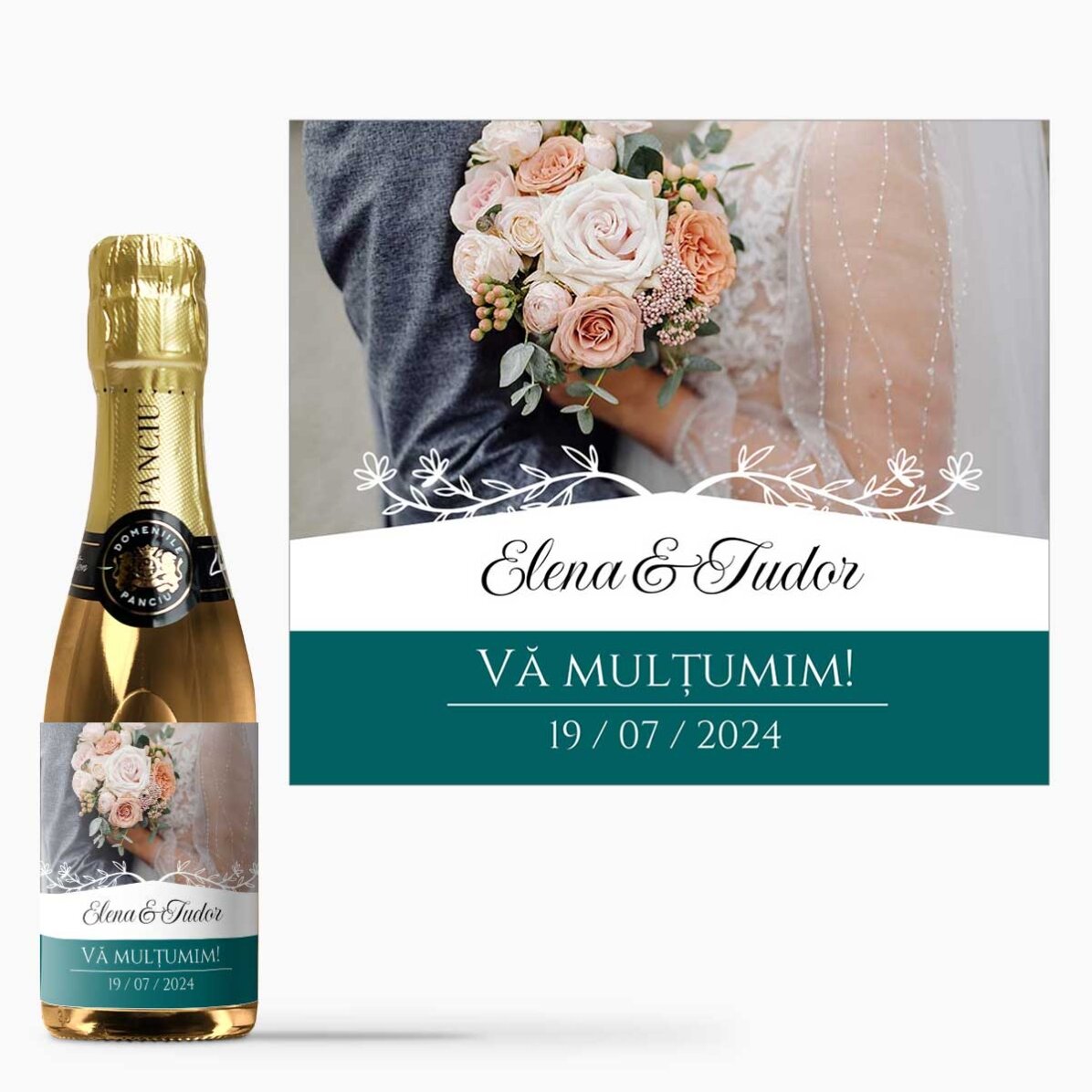 Mini sticluță de vin spumant mărturie personalizată cu o poză și text - Mulțumim