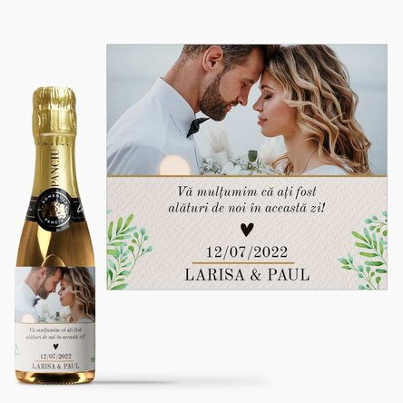 Mini sticluță de vin spumant mărturie personalizată cu o poză și text - Thank you!