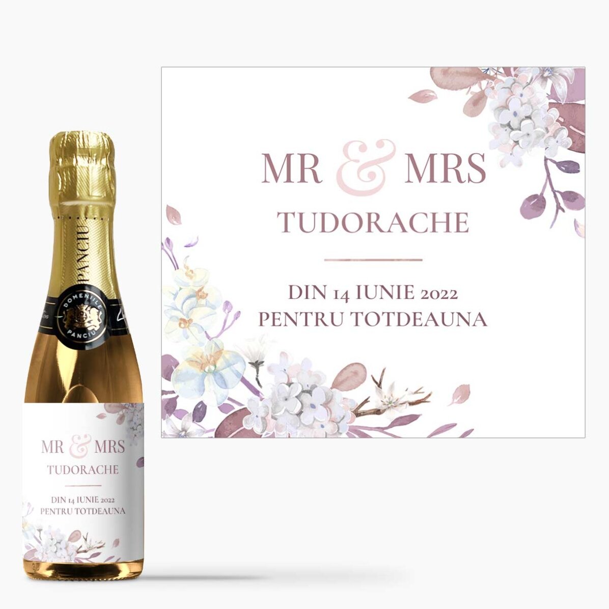 Mini sticluță de vin spumant mărturie personalizată cu text - Mr & Mrs