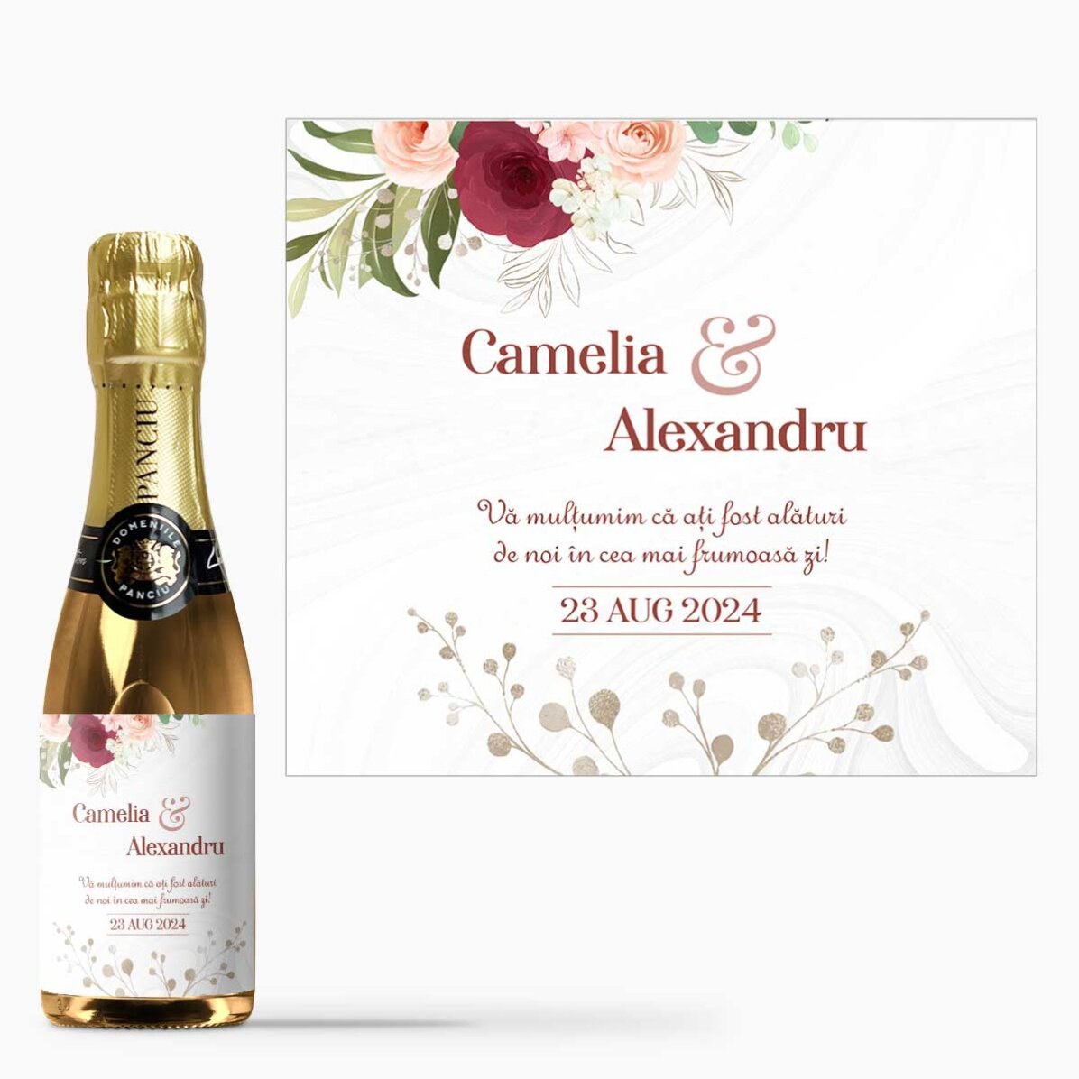 Mini sticluță de vin spumant mărturie personalizată cu text - Mulțumim pentru prezență