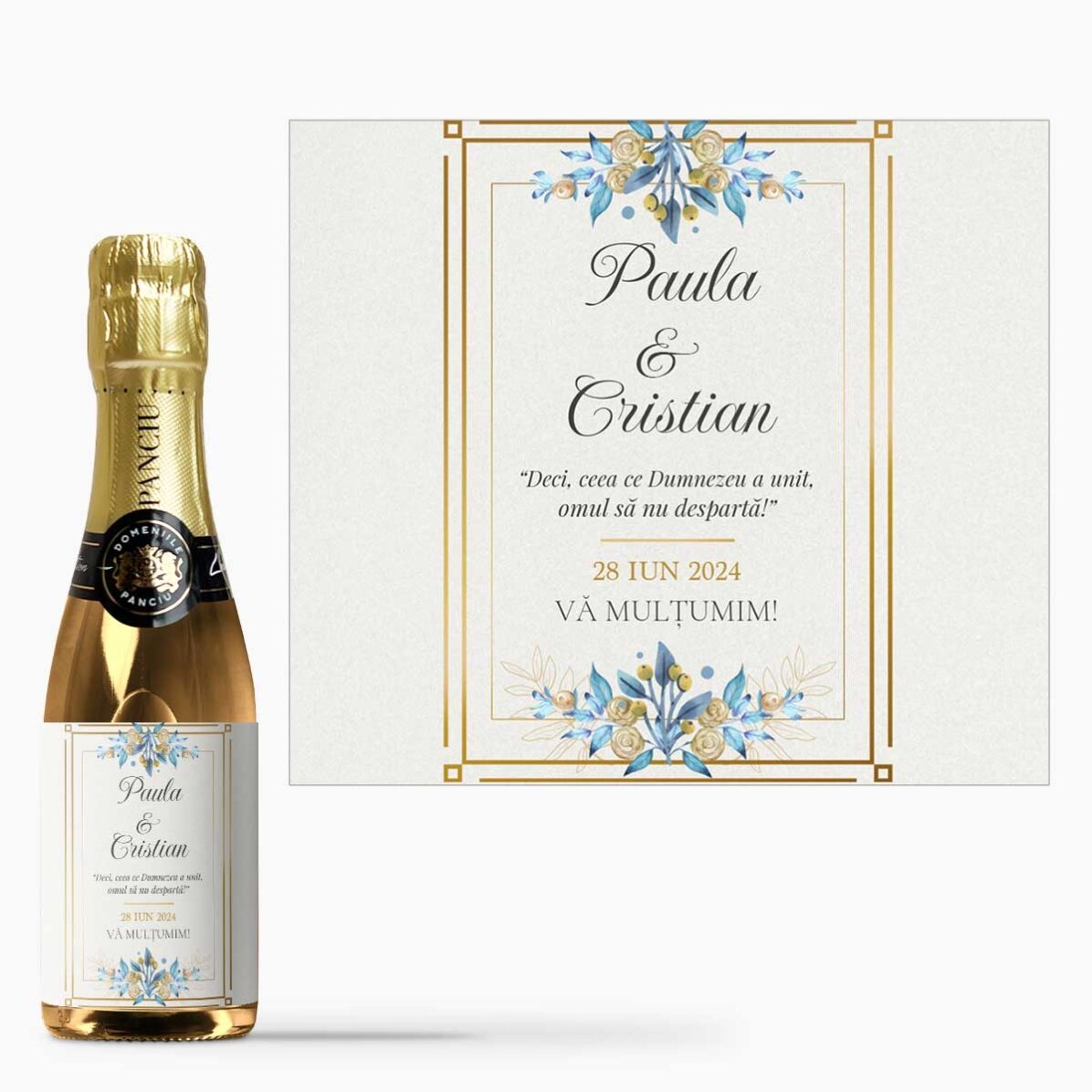 Mini sticluță de vin spumant mărturie personalizată cu text - Mulțumim