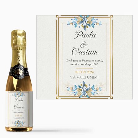 Mini sticluță de vin spumant mărturie personalizată cu text - Mulțumim