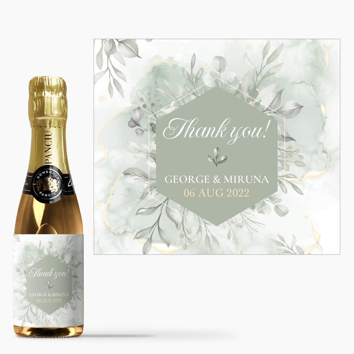 Mini sticluță de vin spumant mărturie personalizată cu text - Thank you!