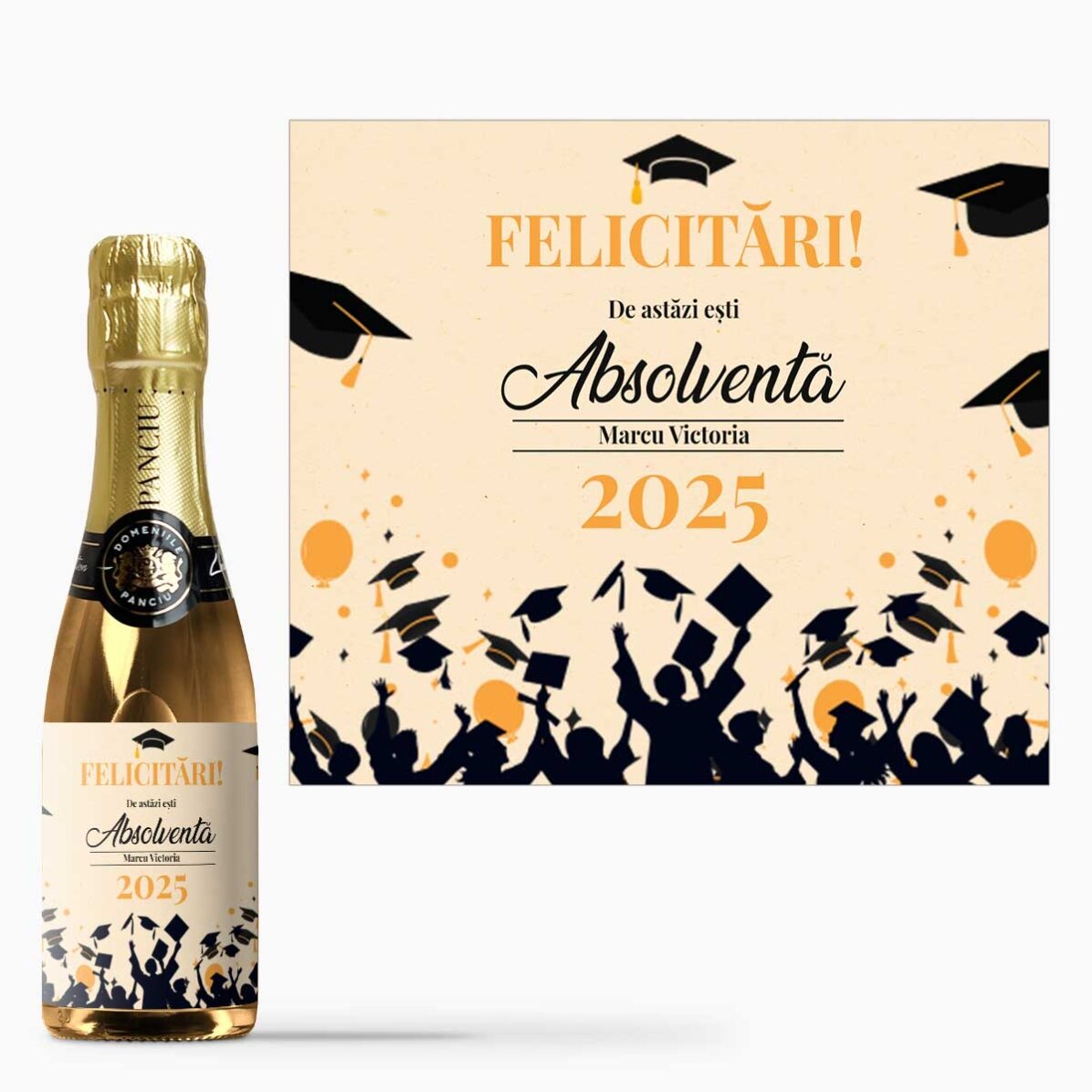 Mini sticluță de vin spumant personalizat cu text - Bucurie de absolvire