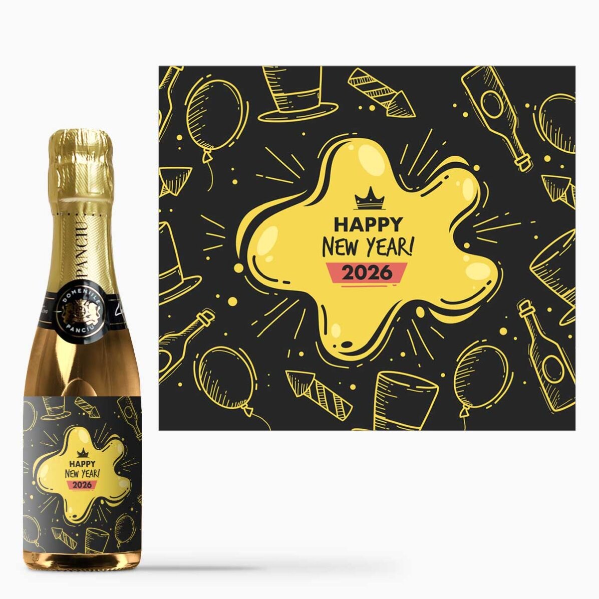 Mini sticluță de vin spumant personalizat cu text - New Year