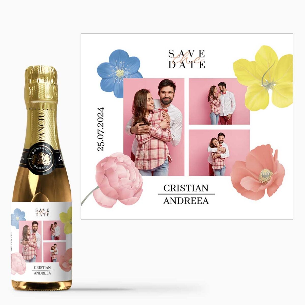 Mini sticluță de vin spumant personalizată cu 3 poze și text - Save the date