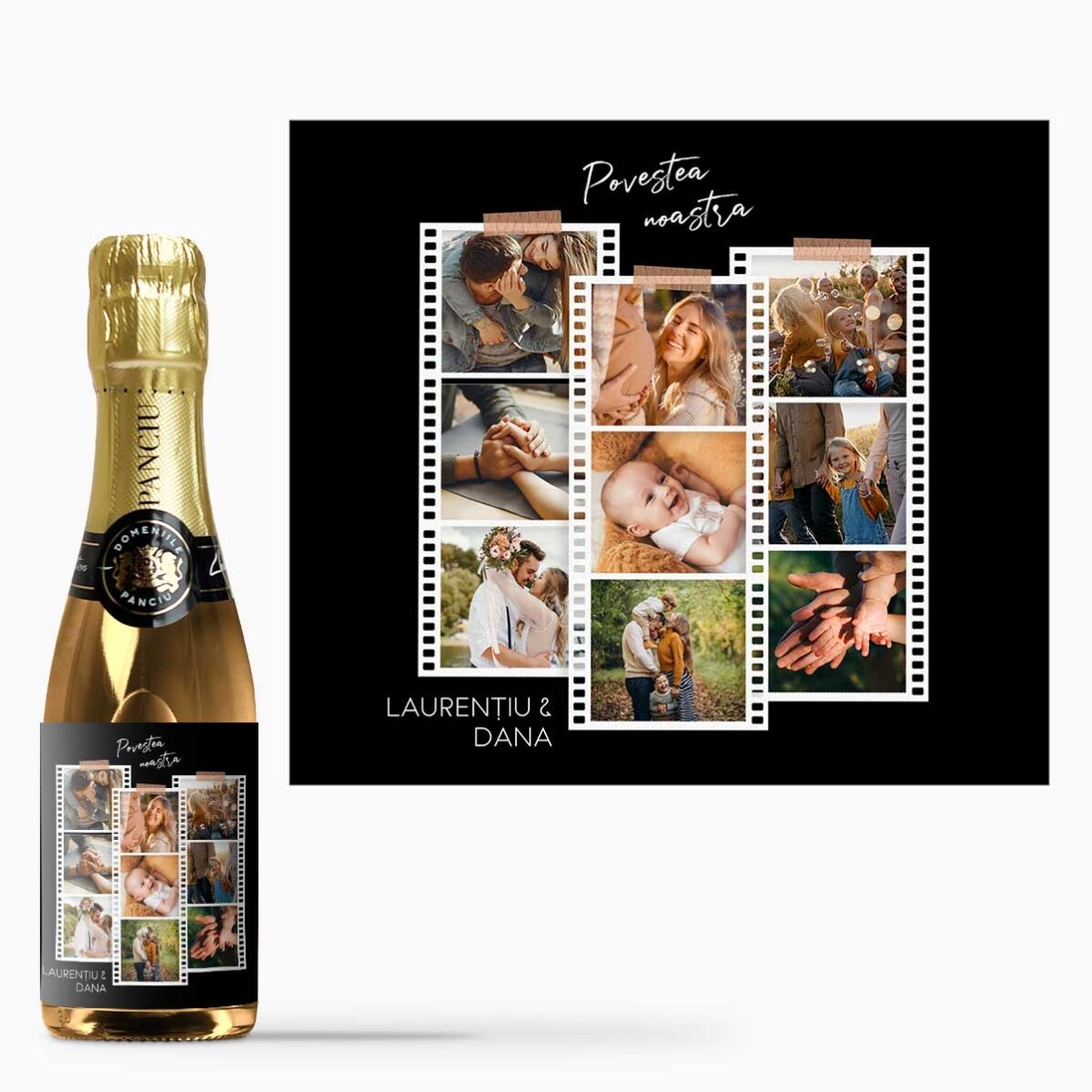Mini sticluță de vin spumant personalizată cu 9 poze și mesaj - Poze pe film