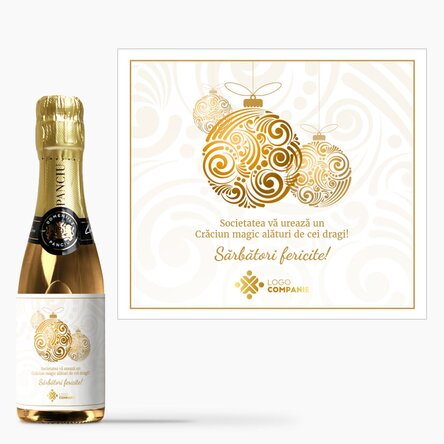 Mini sticluță de vin spumant personalizată cu logo și mesaj - Globuri aurii de Crăciun