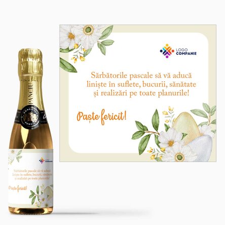 Mini sticluță de vin spumant personalizată cu logo și mesaj - Paște 