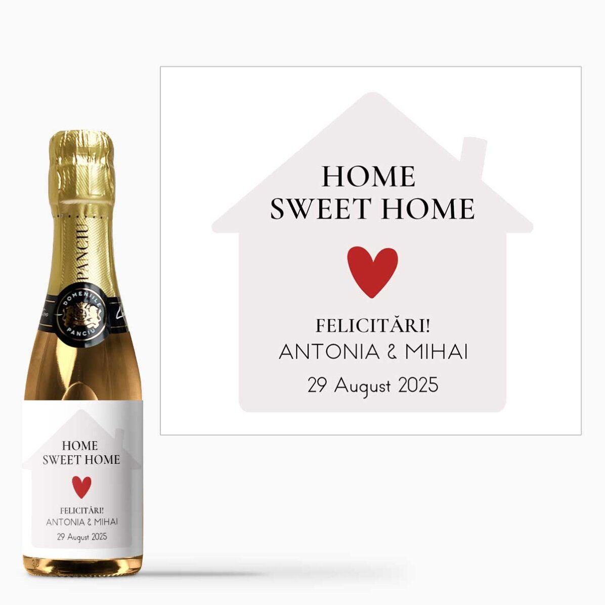 Mini sticluță de vin spumant personalizată cu mesaj - Casă