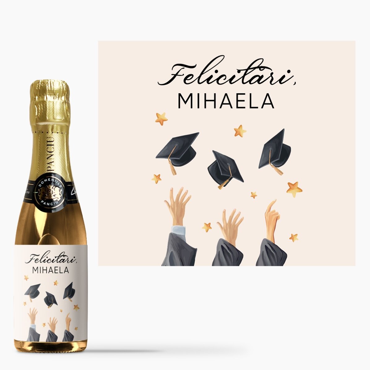 Mini sticluță de vin spumant personalizată cu mesaj de absolvire - Felicitări