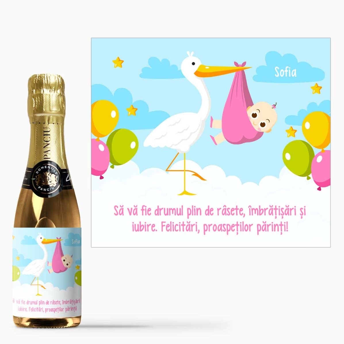 Mini sticluță de vin spumant personalizată cu mesaj - Felicitări