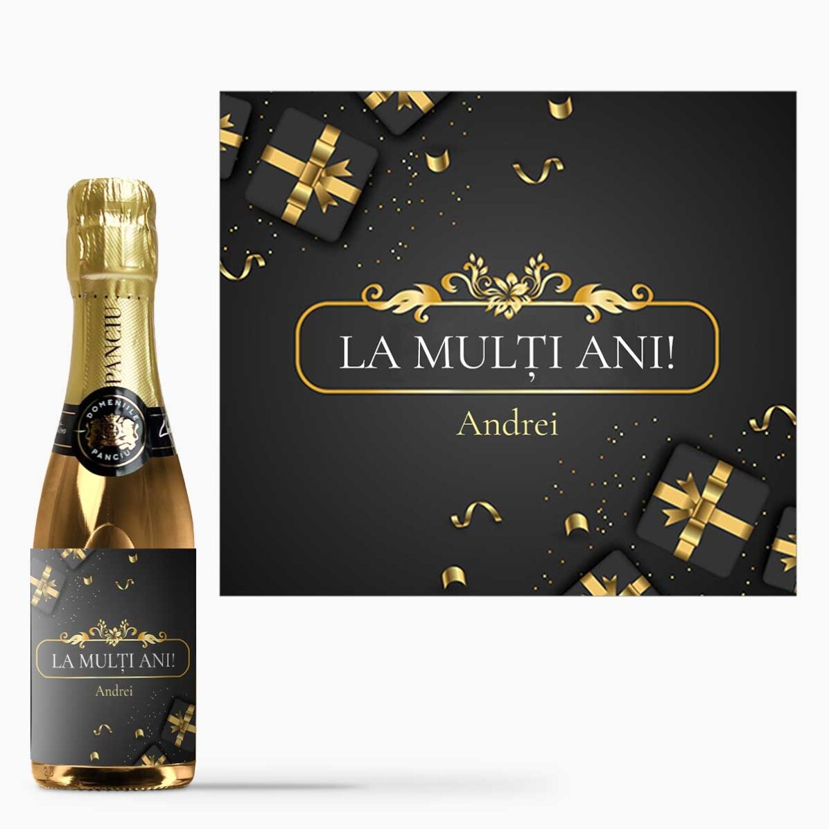 Mini sticluță de vin spumant personalizată cu mesaj - La mulți ani