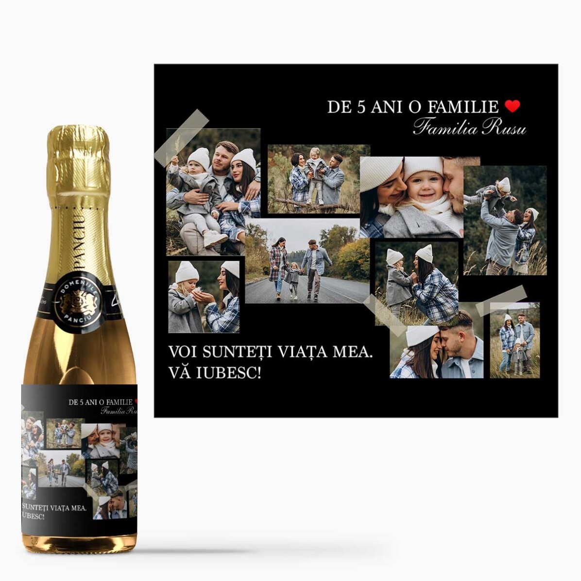 Mini sticluță de vin spumant personalizată cu mesaj și 9 poze