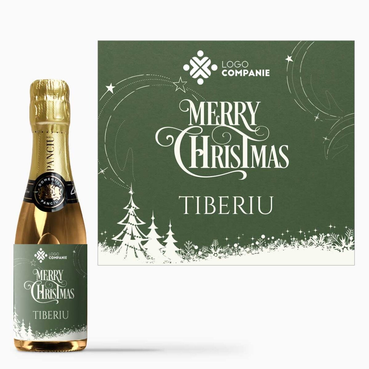Mini sticluță de vin spumant personalizată cu mesaj și logo - Merry Christmas