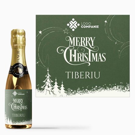 Mini sticluță de vin spumant personalizată cu mesaj și logo - Merry Christmas