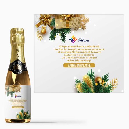 Mini sticluță de vin spumant personalizată cu mesaj și logo - Poveste de sărbătoare