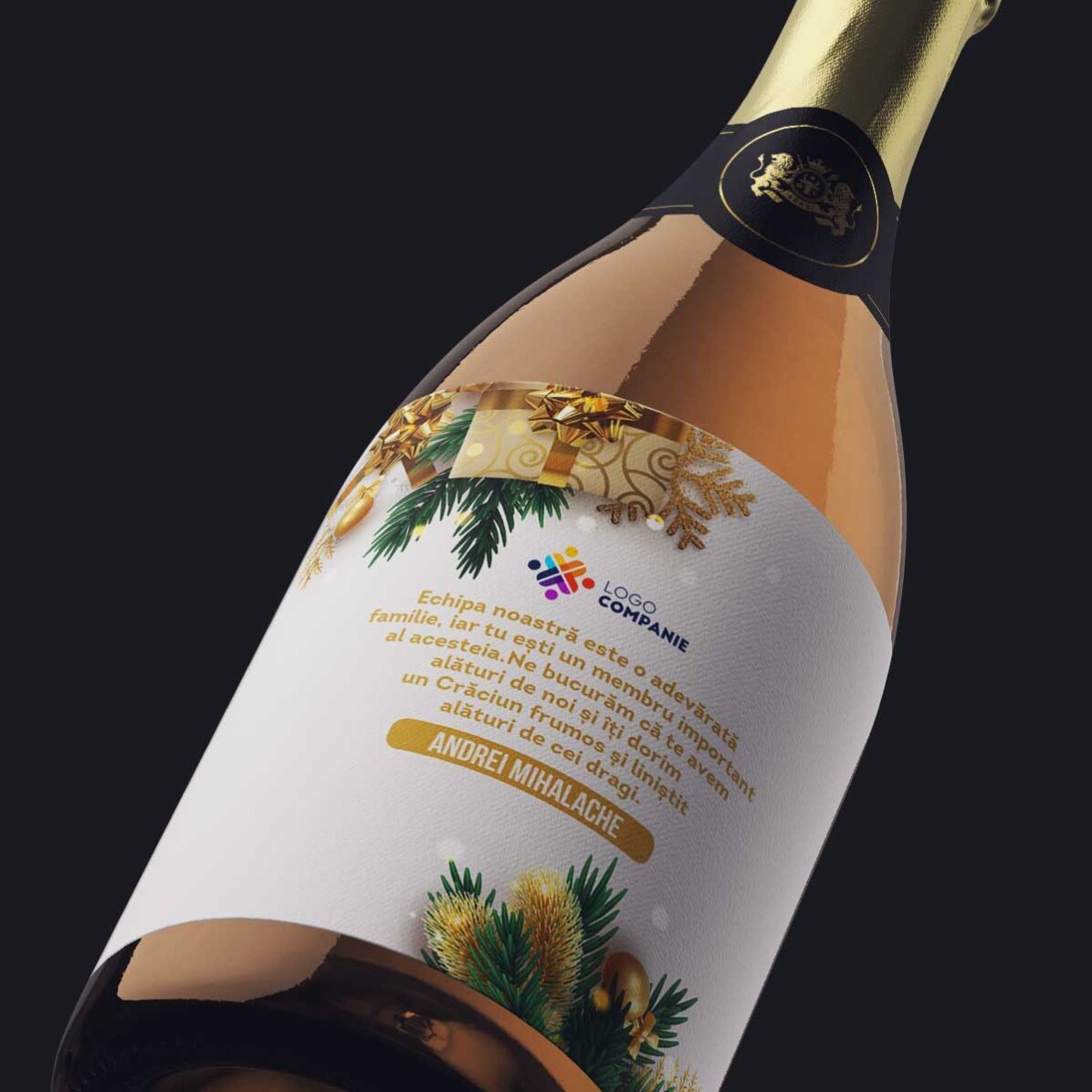 Mini sticluță de vin spumant personalizată cu mesaj și logo - Poveste de sărbătoare