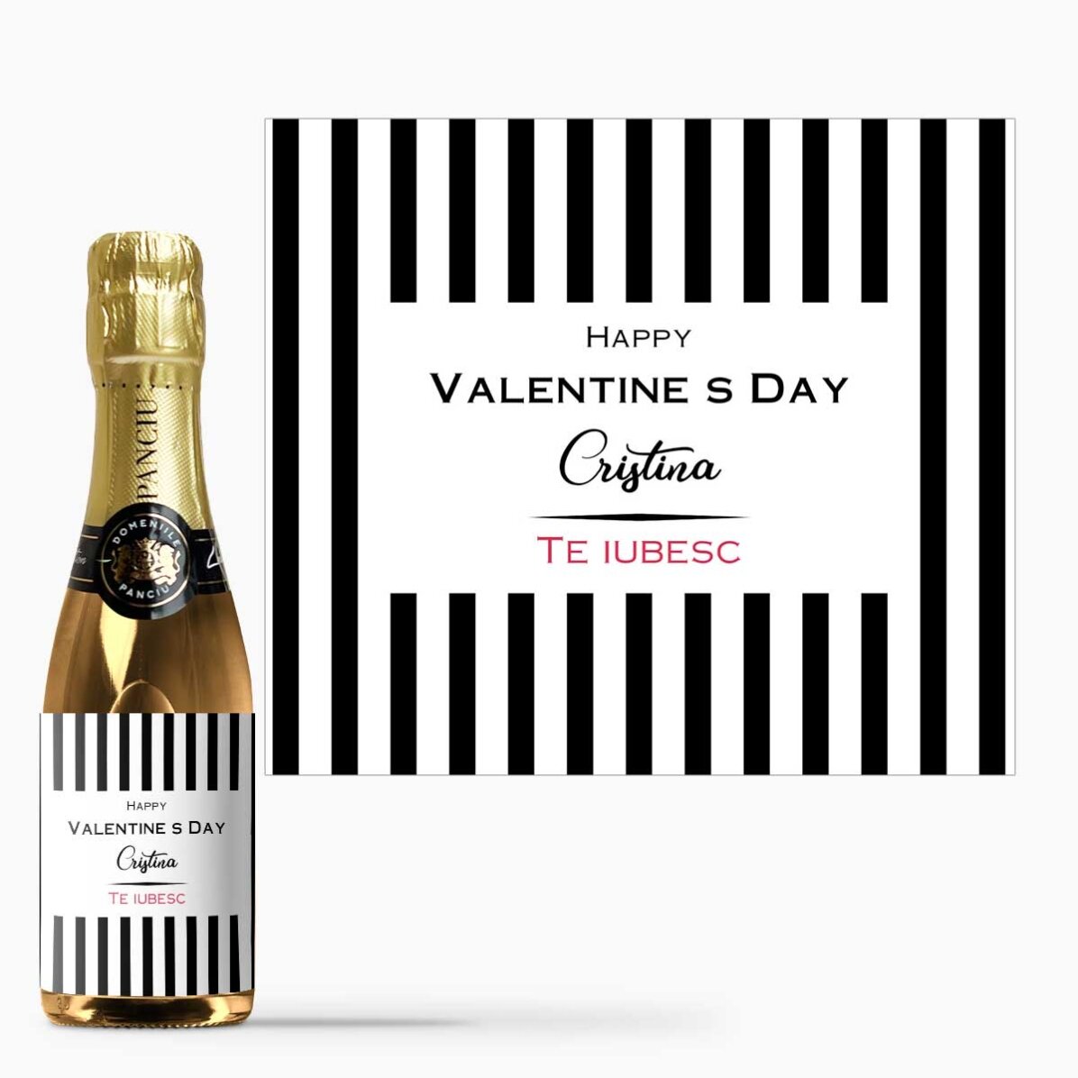 Mini sticluță de vin spumant personalizată cu nume - Te iubesc