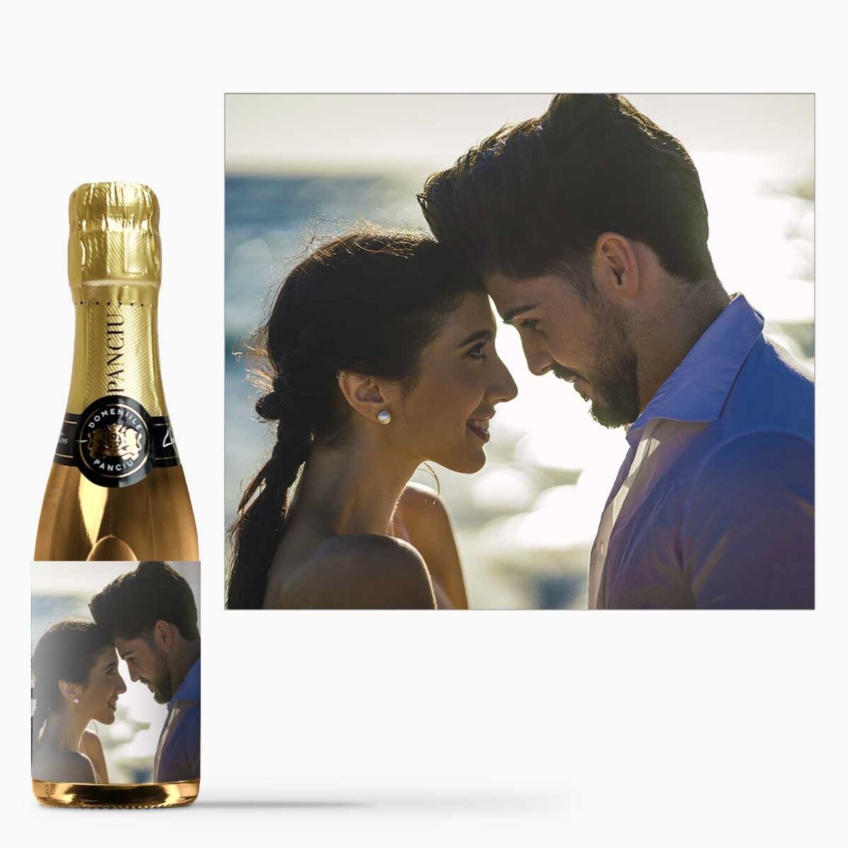 Mini sticluță de vin spumant personalizată cu o fotografie