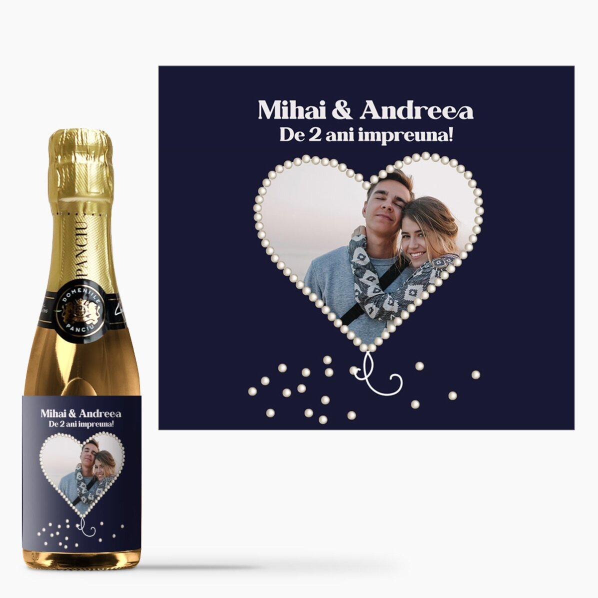Mini sticluță de vin spumant personalizată cu o poză în formă de inimă perlată