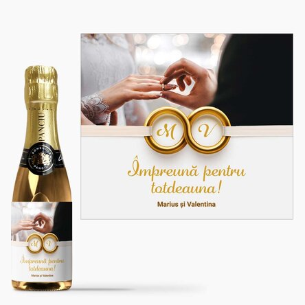 Mini sticluță de vin spumant personalizată cu o poză și text - Împreună pentru totdeauna