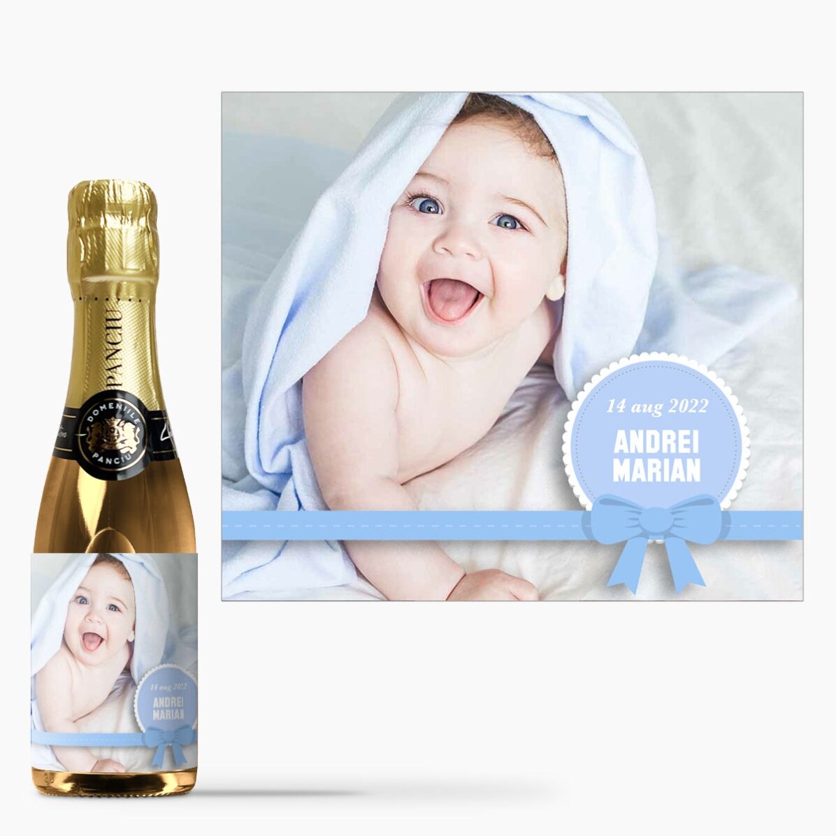 Mini sticluță de vin spumant personalizată cu o poză și text - Mărturie de botez pentru băiețel