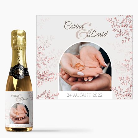Mini sticluță de vin spumant personalizată cu o poză și text - Mărturie de nuntă