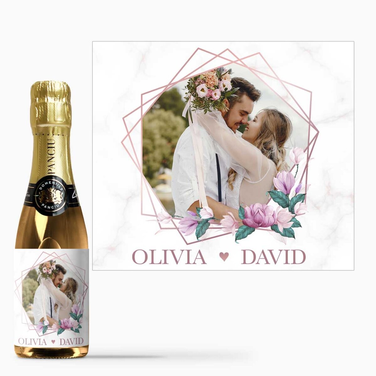 Mini sticluță de vin spumant personalizată cu o poză și text- Momente în doi