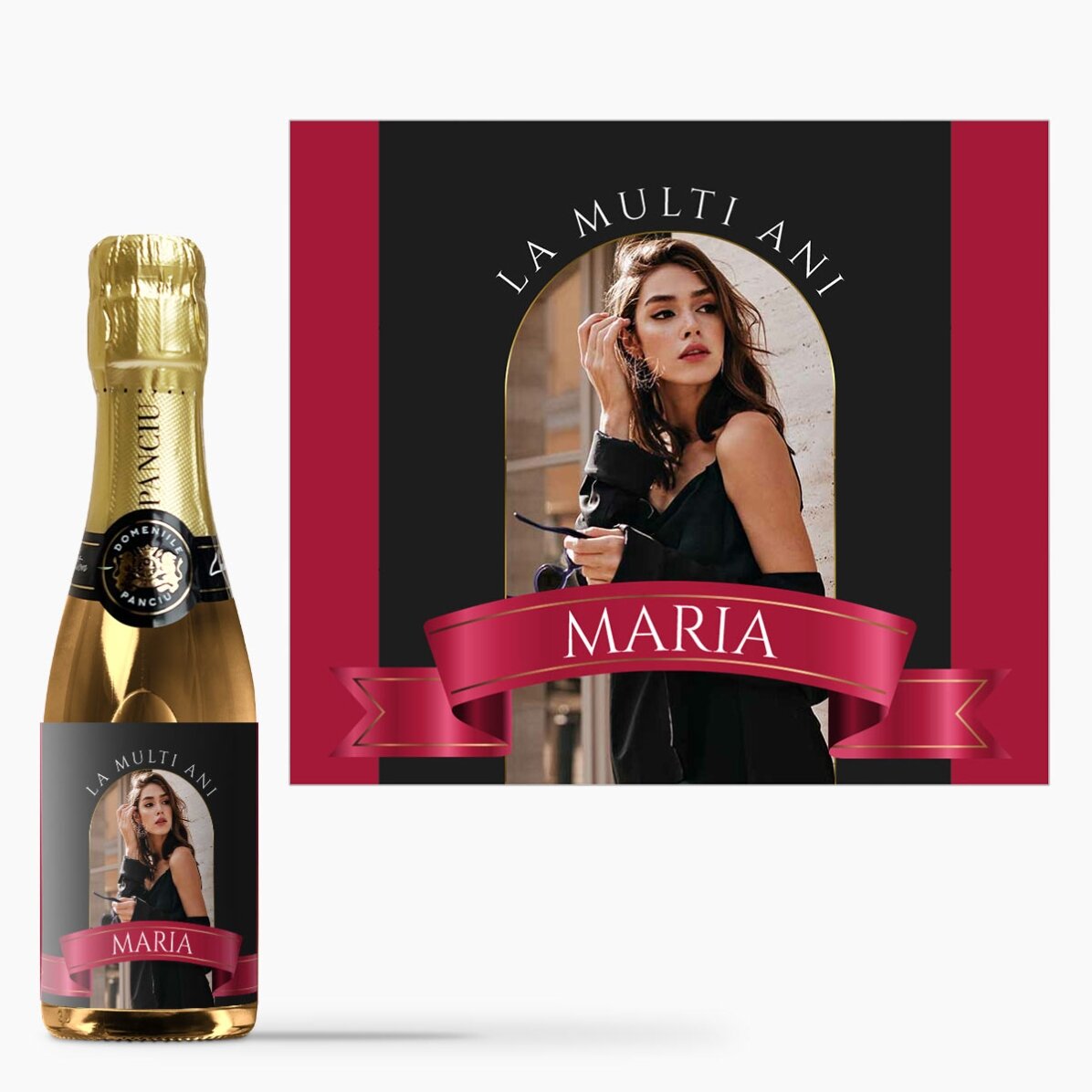 Mini sticluță de vin spumant personalizată cu o poză și text - Panglică