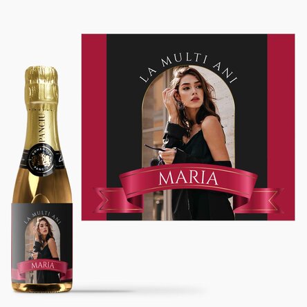 Mini sticluță de vin spumant personalizată cu o poză și text - Panglică