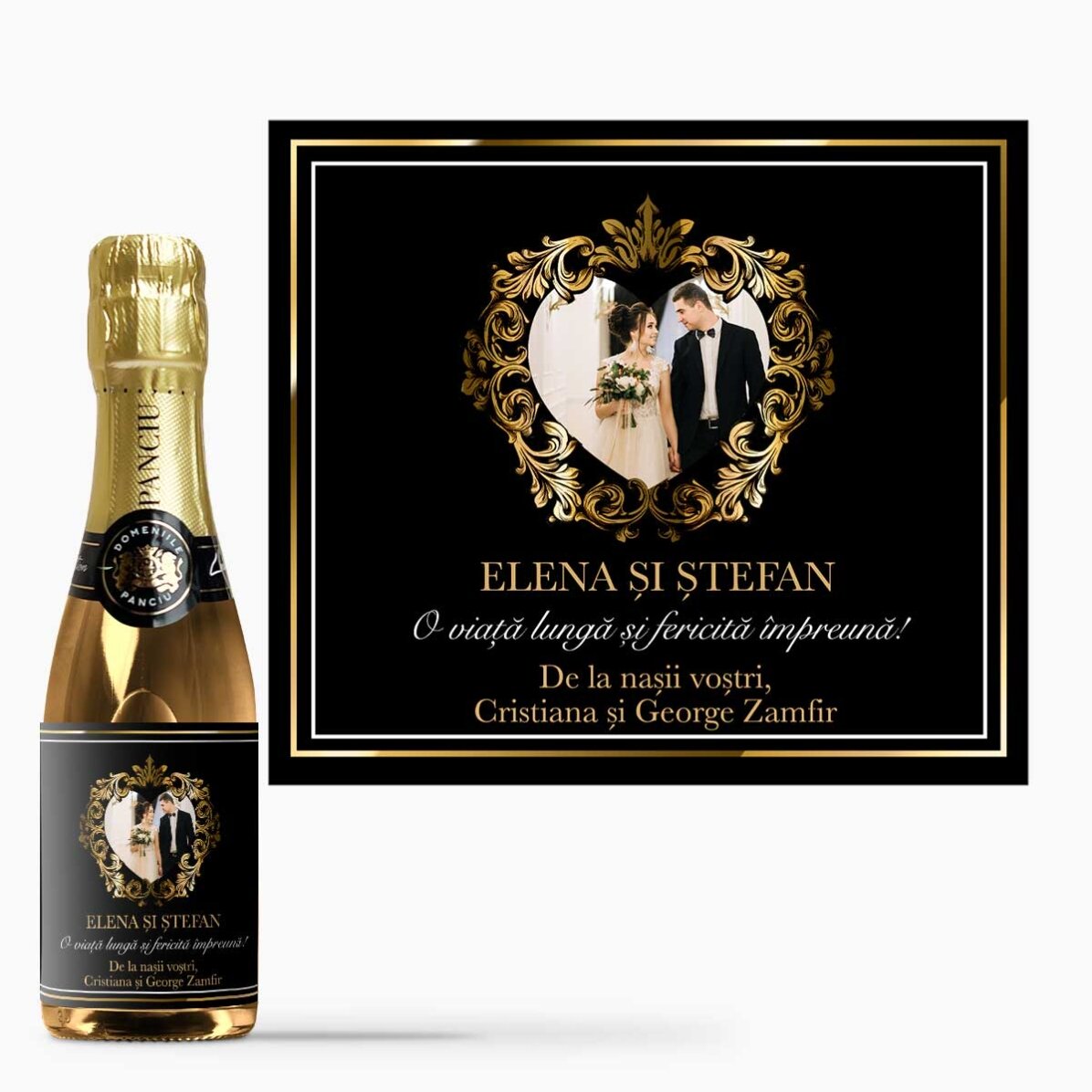 Mini sticluță de vin spumant personalizată cu poză și text - Casă de piatră