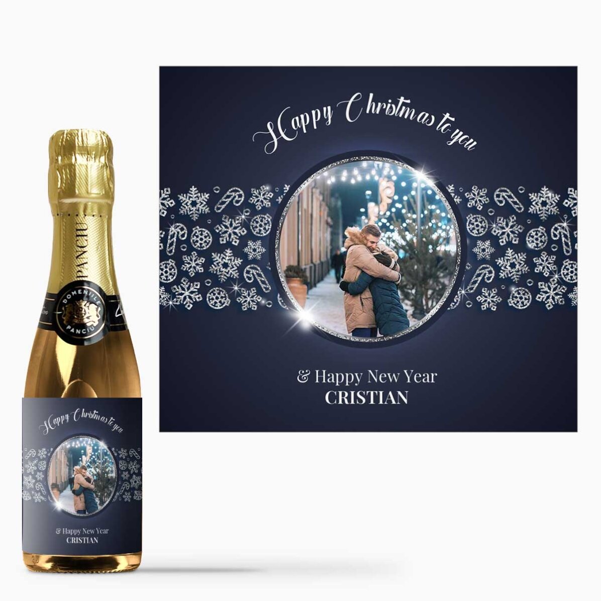 Mini sticluță de vin spumant personalizată cu poză și text - Shiny Snowflakes