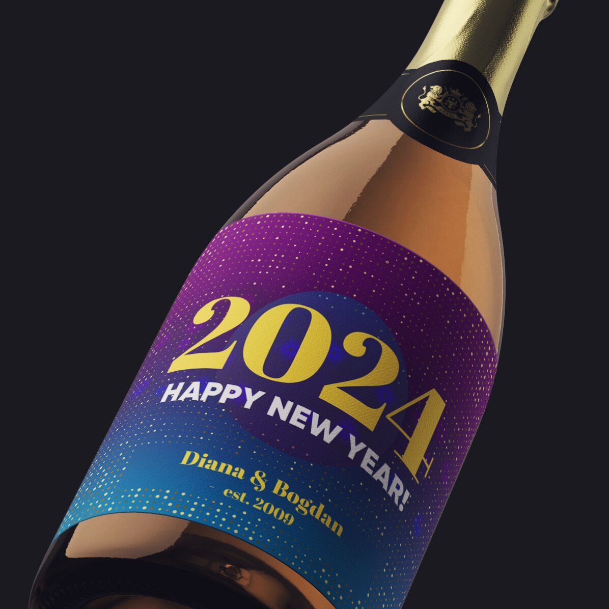 Mini sticluță de vin spumant personalizată cu text - Happy New Year!