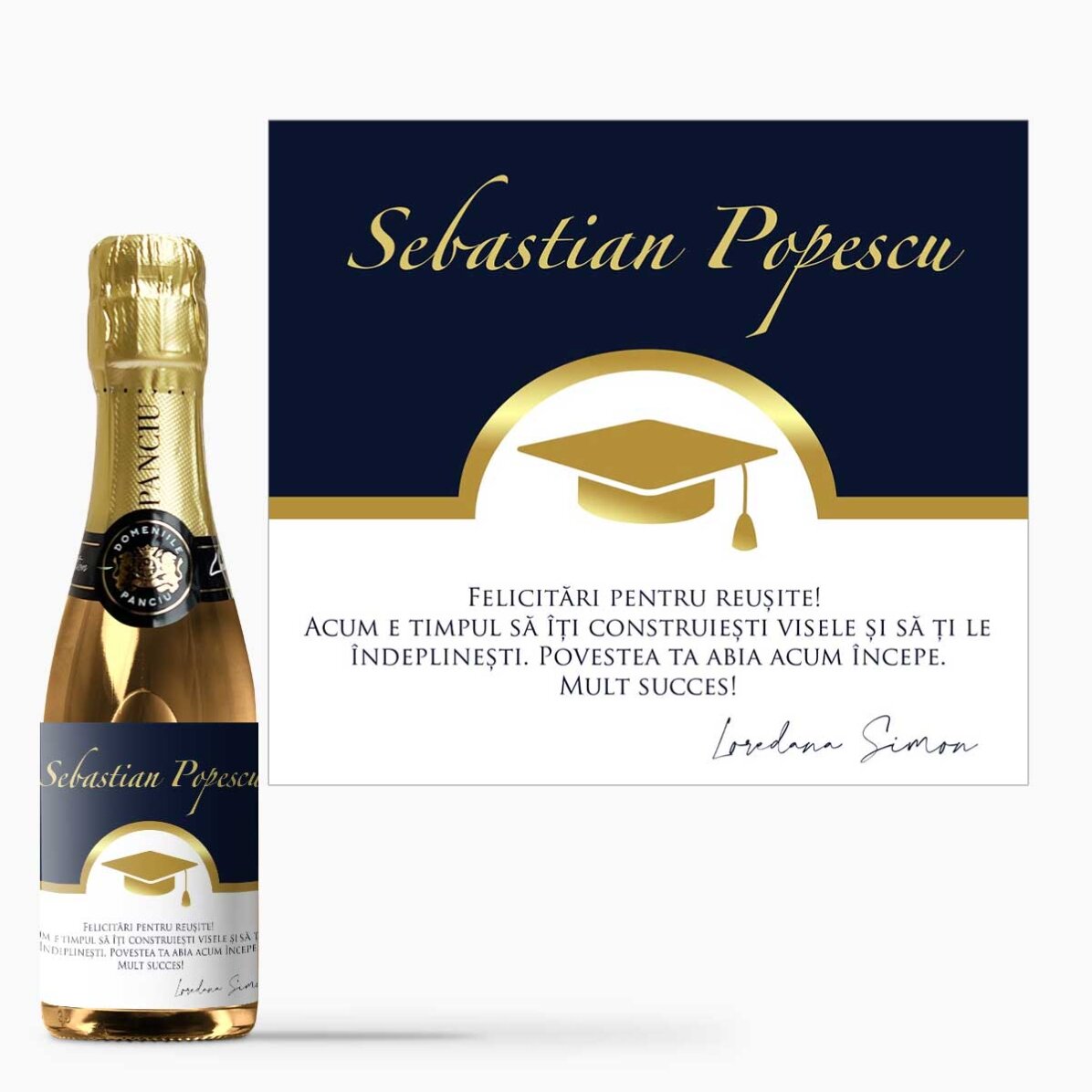 Mini sticluță de vin spumant personalizată cu text - Absolvire