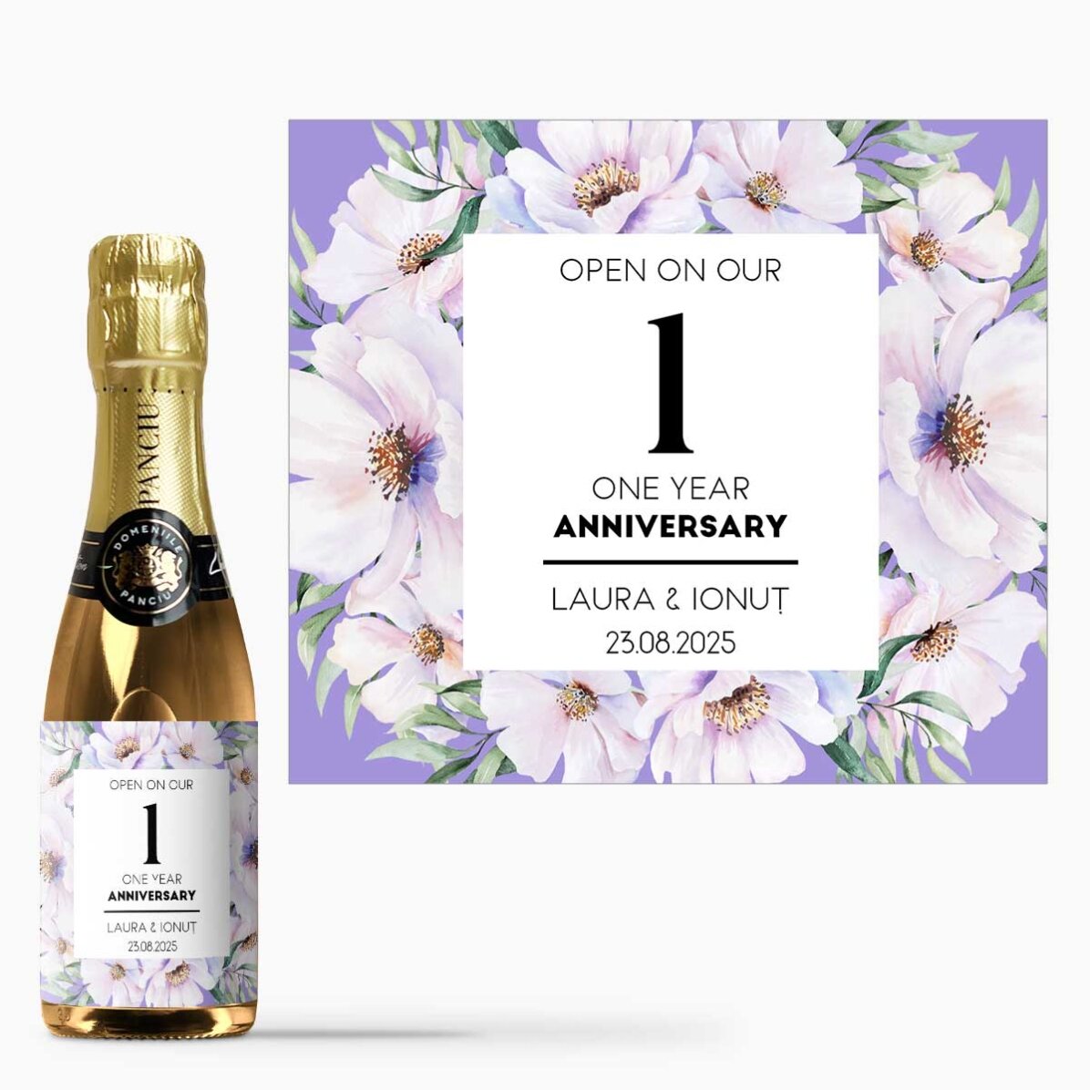Mini sticluță de vin spumant personalizată cu text - Aniversare